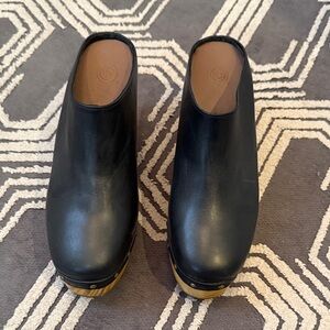 Urban Outfitters Black Leather & Wood Mules/Clogs with Metal Stud detail.